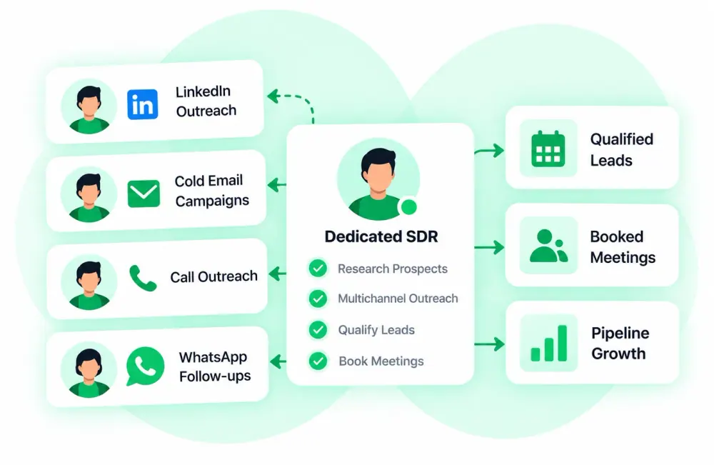 Dedicated SDR running LinkedIn, email, call and WhatsApp outreach, delivering qualified leads, booked meetings and pipeline growth