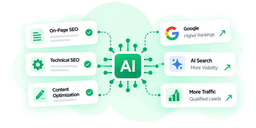 On-page SEO, technical SEO and content optimisation feeding AI, higher Google rankings, AI search visibility and more qualified traffic