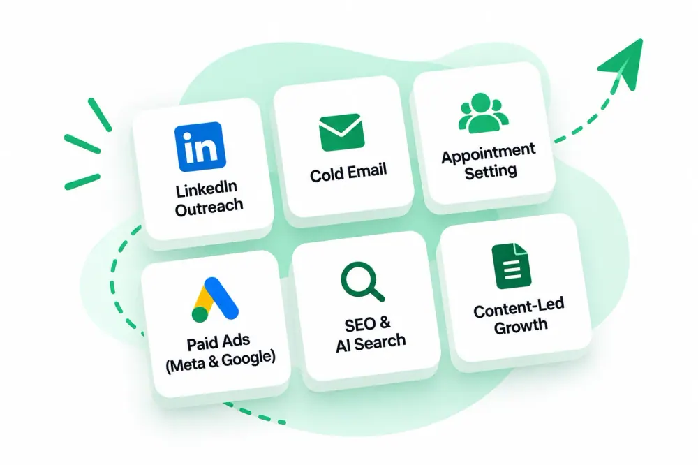 LinkedIn outreach, cold email, appointment setting, SEO and AI search, content-led growth